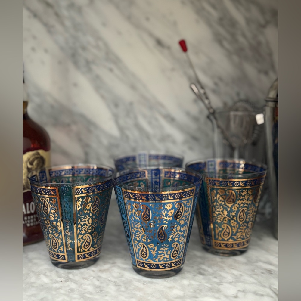 Vintage MCM Georges Briard Sari 22 k Highball/Old Fashioned Glasses .